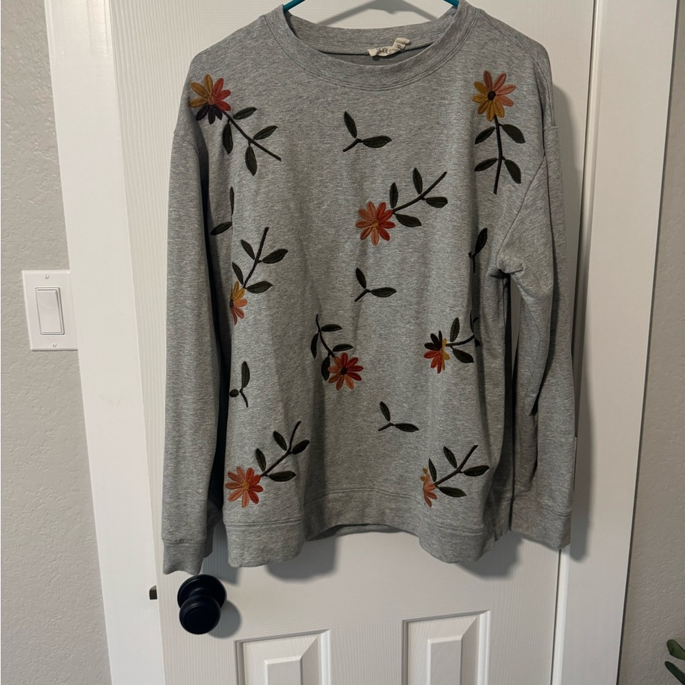 Roolee Gray Sweater with Floral Embroidery